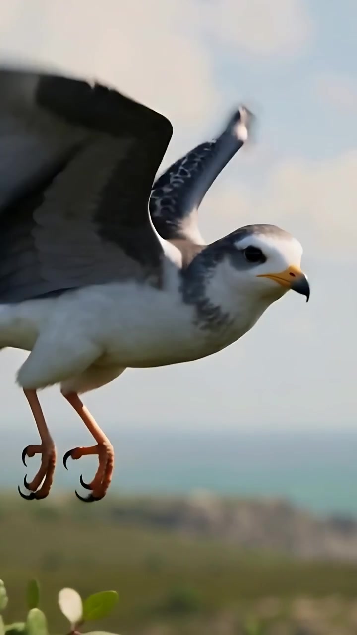 Video verticale: Spostamento del peso, piccolo uccello marino che si stacca da un ramo, battendo le ali verso l'orizzonte marino