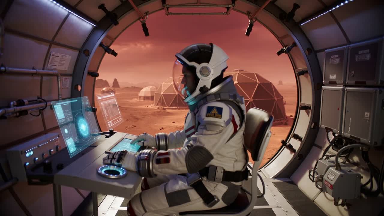 Reagerer på stigende hologram, iklædt astronaut tjekker systemer på hologram i modul, kupler synlige