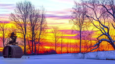 timelapse - colourful sunrise over lone cabin on cold snowy field