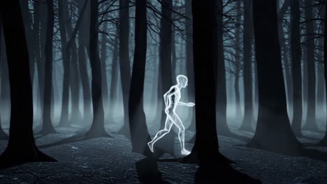figura fantasmal en un bosque de niebla por la noche