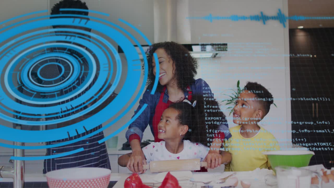 Woman guiding girl's rolling, placing hands, teaching baking while blue waveform overlapping man