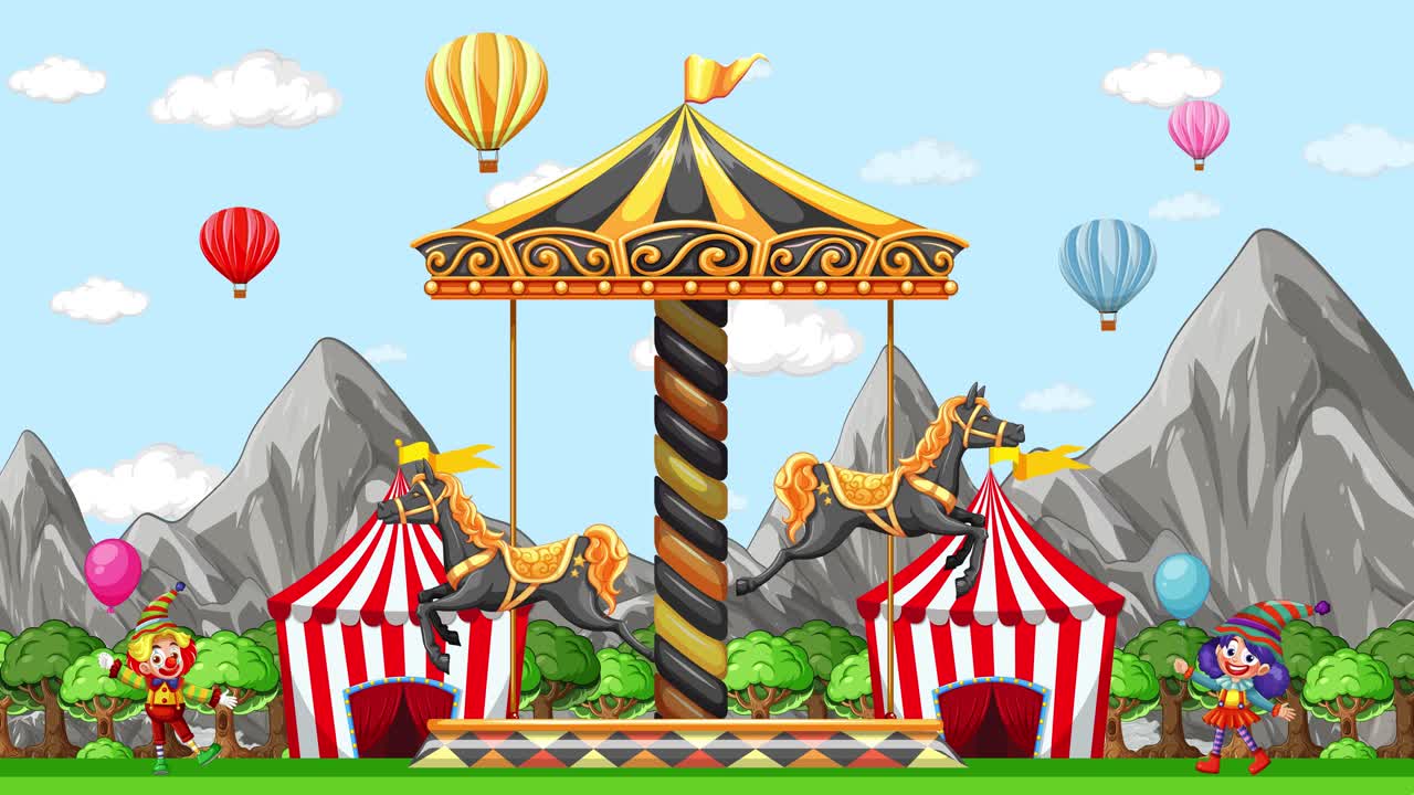 Colorful 2D cartoon animation of a spinning carousel, circus tents, and floating hot air balloons