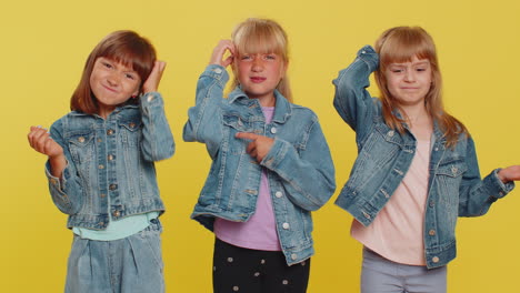 three girls siblings friends asking why, what reason of failure, demonstrating disbelief by troubles