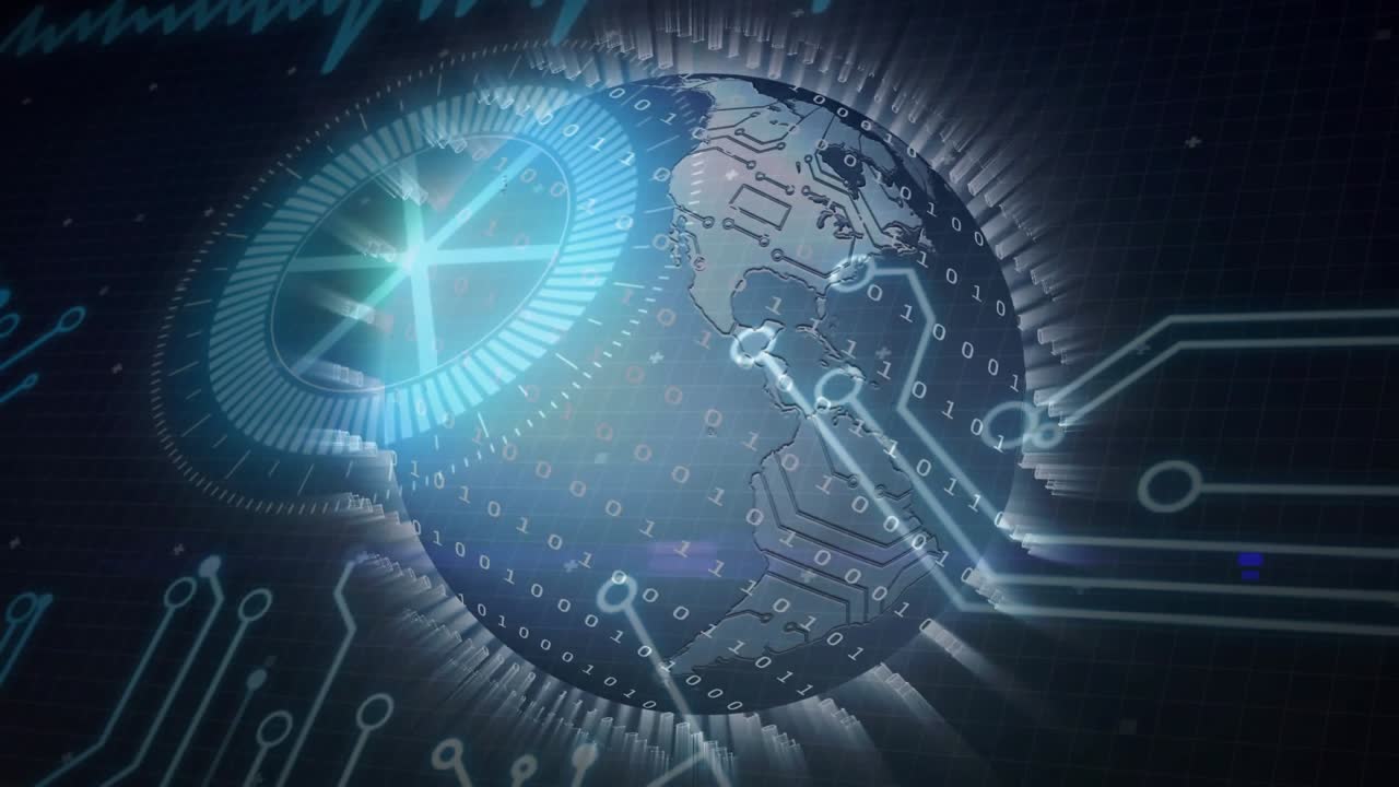 HUD ring appearing globe rotating, circuits sweeping in and nodes moving into globe, showing flow