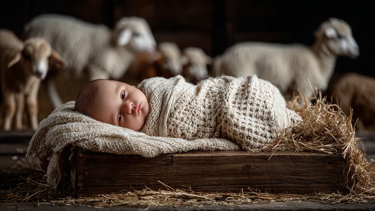 Schattige baby genesteld in een zachte deken, omringd door zachte lammetjes in een serene boerderijomgeving, vastgelegd in twee frames die momenten van slapen en ontwaken laten zien