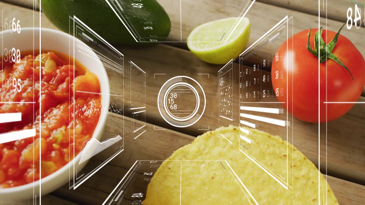 3D scanning interface activating over tortilla chip, rotating panels visualizing nutrition data