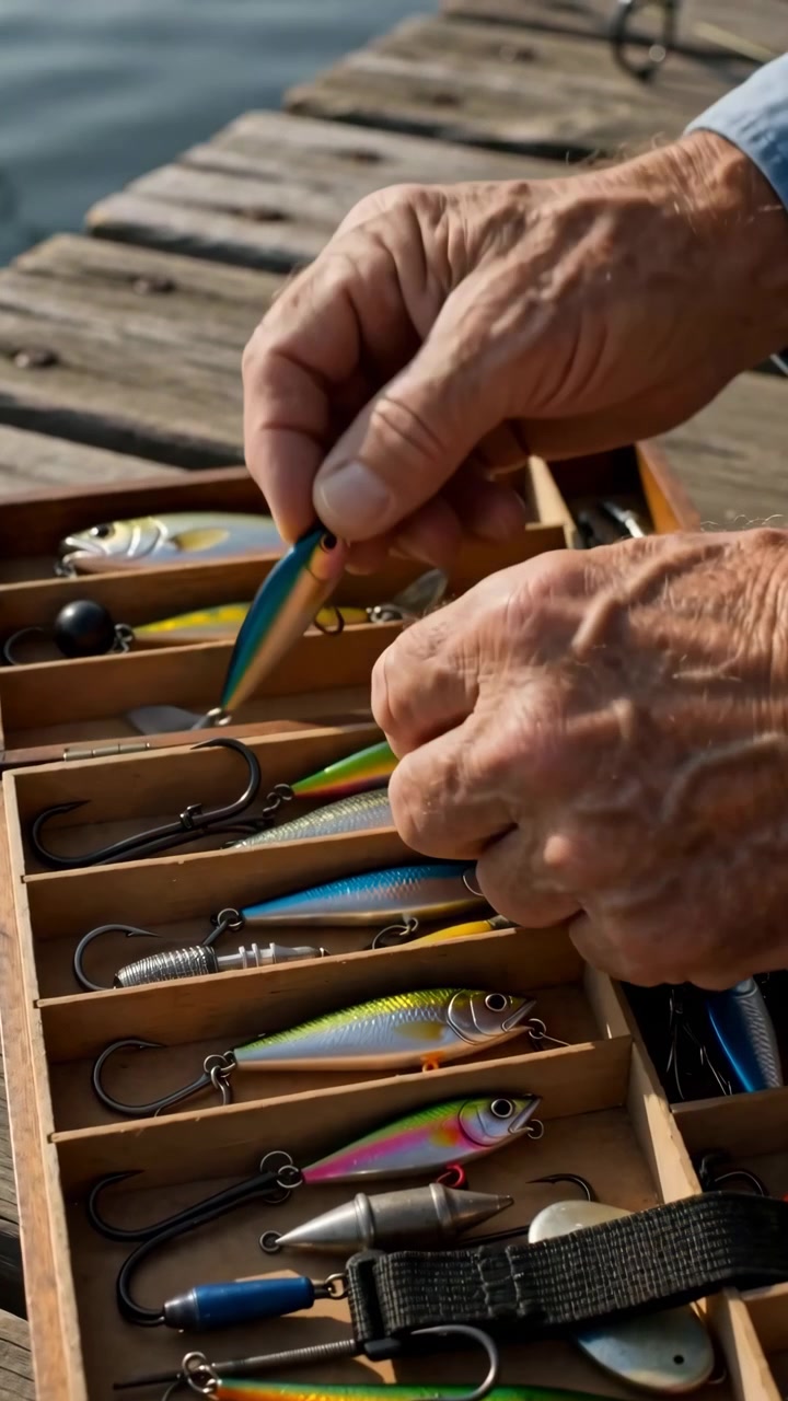 Chronological summary across clip: sequence begins with open wooden tackle box full of colorful lures resting lower-right on weathered dock beside calm lake
