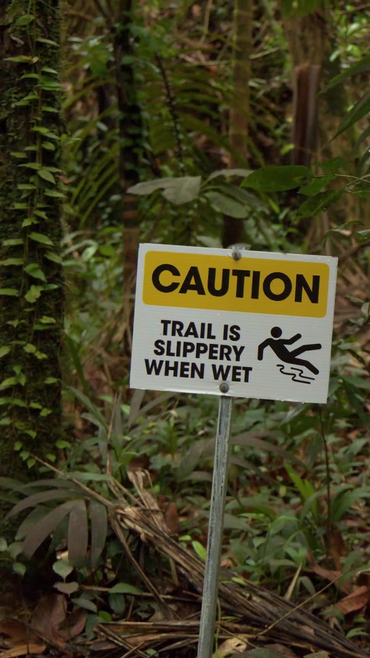 Camera pans from a yellow caution sign to a wooden boardwalk through dense tropical jungle