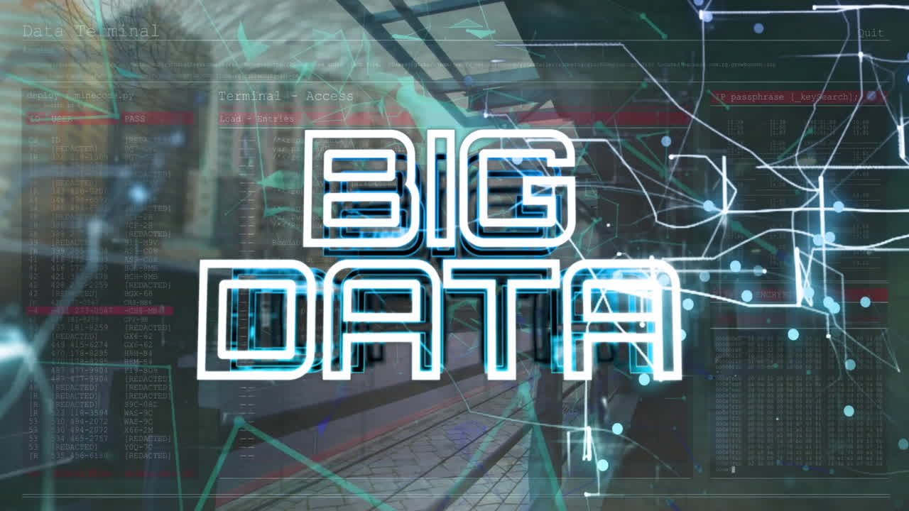 Animation of big data text over network and data processing over cityscape