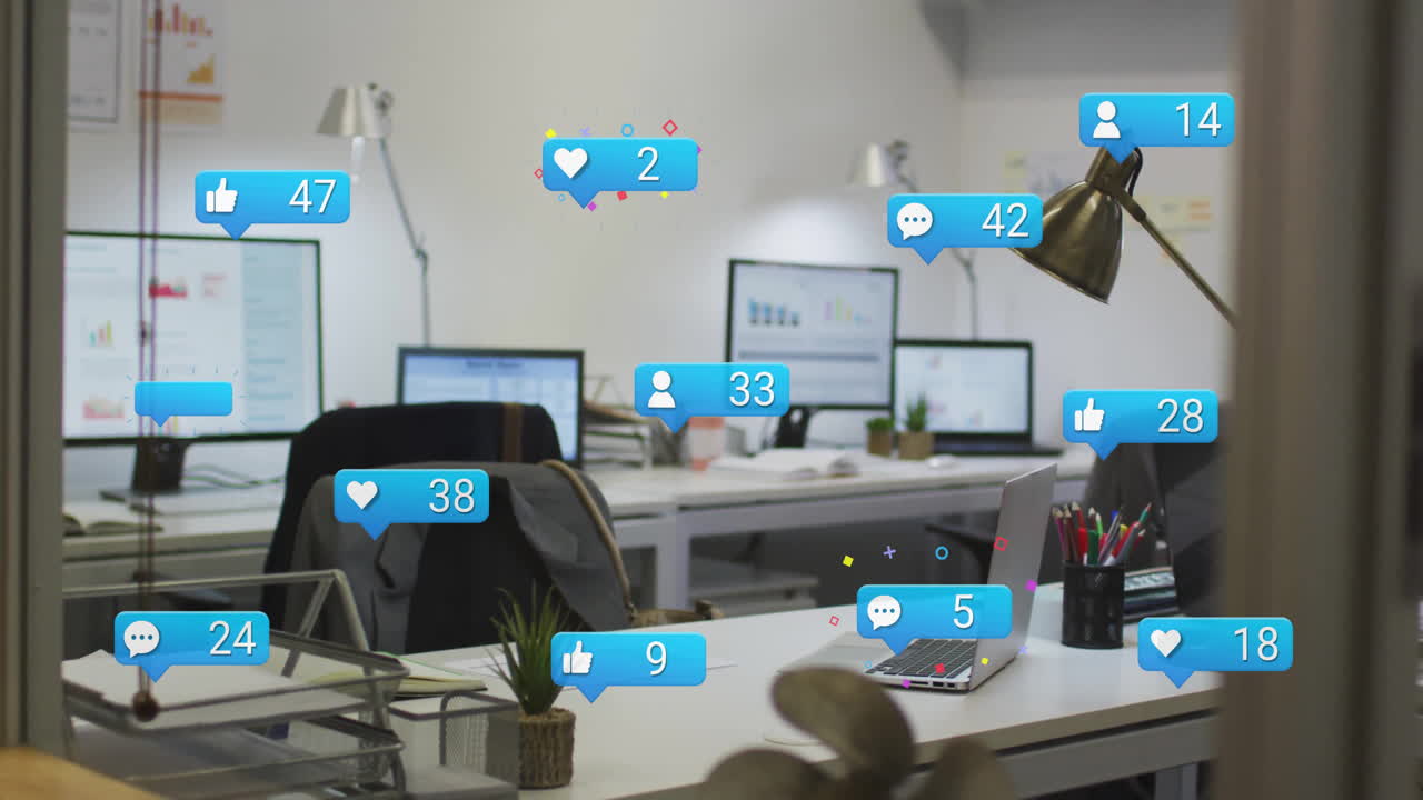 사무실 인테리어에서 점점 더 많은 수의 소셜 미디어 아이콘의 애니메이션