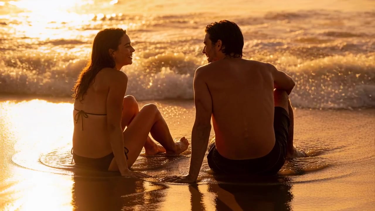 Coppia sorridente che parla sulla sabbia bagnata al tramonto, con un bagliore che accende le risate, in bikini e costume da bagno, mentre le onde lambiscono la riva.