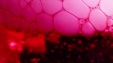 un líquido rojo vibrante con hielo seco crea efectos de burbujas, mostrando un experimento científico dinámico con colores y texturas vívidas