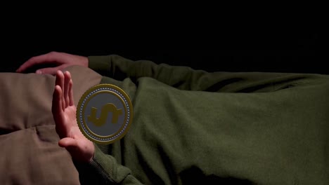 vertical motion graphic of united states dollar coin rotate above male hand