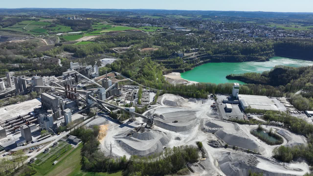 Open pit mining in Wulf rath, lime stone, raw material, digging excavating mining. Aerial drone view
