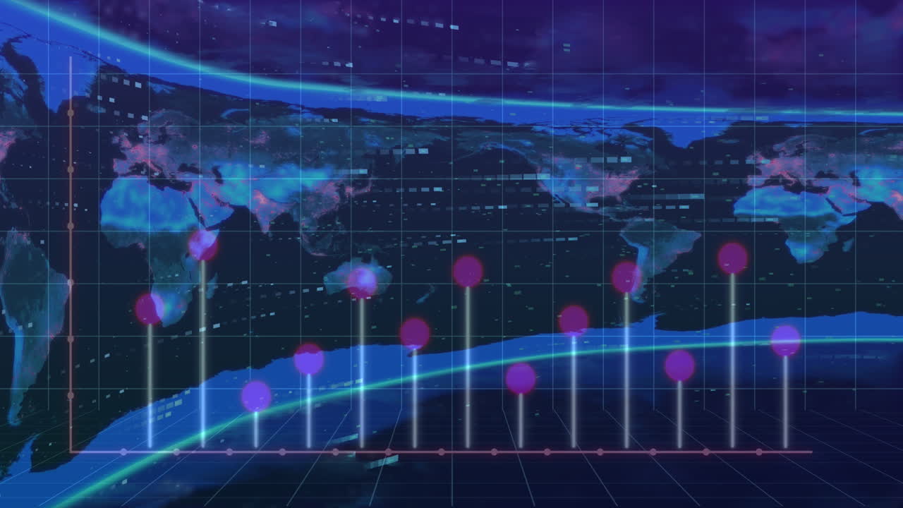 검은 바탕에 있는 세계 지도 위의 데이터 처리 애니메이션