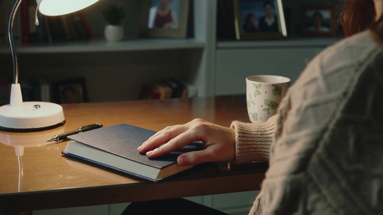 Donna con maglione di maglia che sfoglia pagine alla scrivania di casa, chiudendo un libro blu, in pausa, spazio per il testo