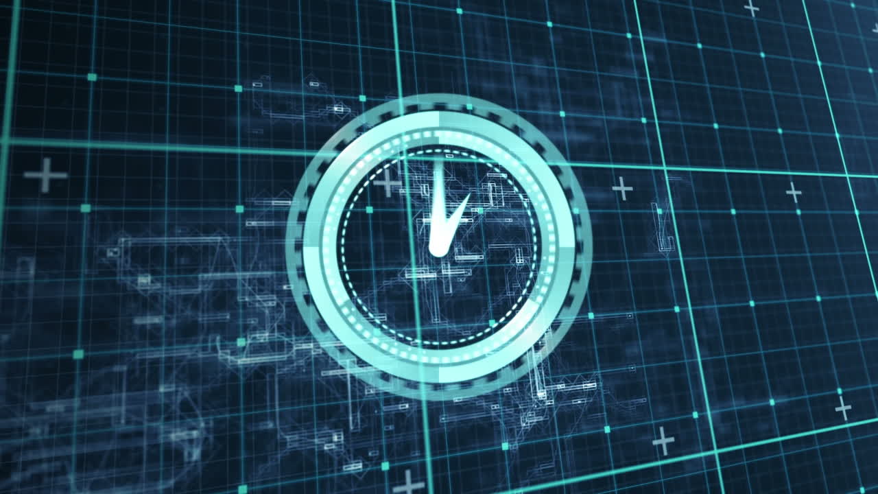 Animation of clock moving over checked blue space