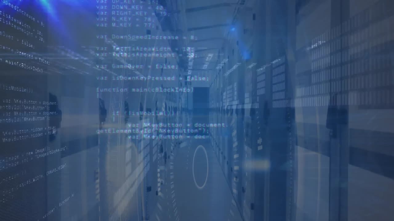 Animation of blue light trails and data processing against empty computer server room
