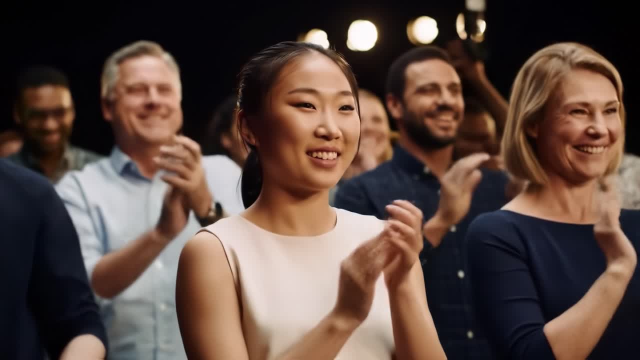A Grateful Audience Celebrates Success: Captivating Moments of Joy and Applause Captured in Two Frames of a Vibrant Performance or Achievement Celebration
