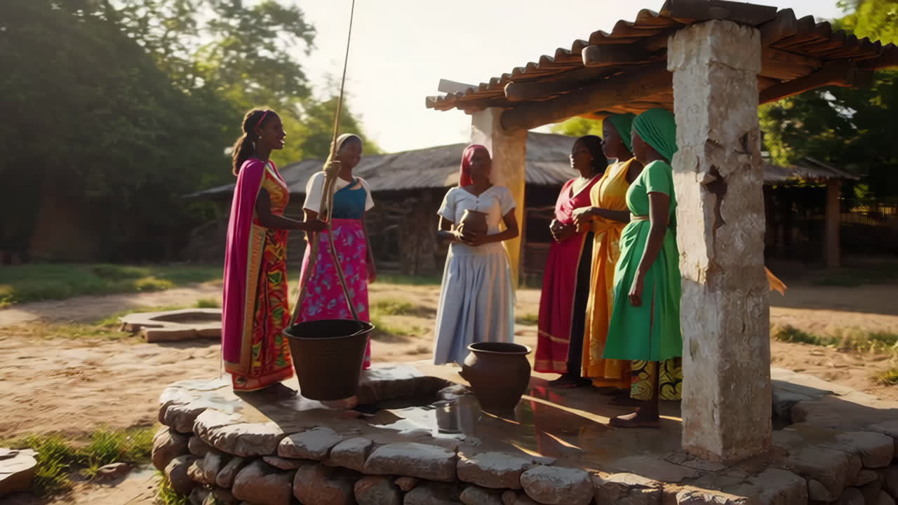 African Women Gathering Water at a Village Well