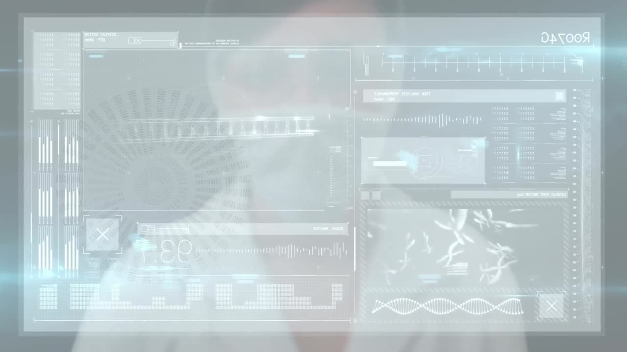 animación de una mujer caucásica utilizando una interfaz de pantalla táctil, con gráficos de procesamiento de datos en la interfaz