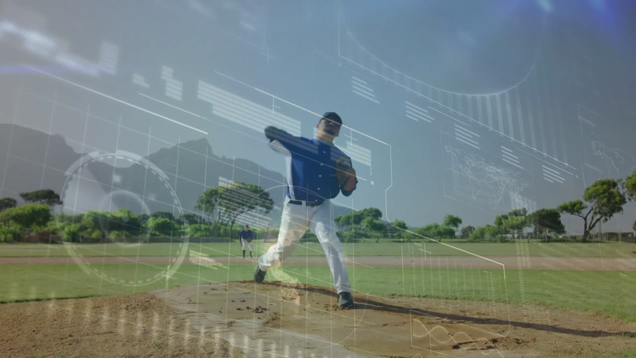 Video verticale: Lanciatore che solleva la gamba iniziando il caricamento sul monte di lancio, HUD che traccia il movimento e le metriche sportive.