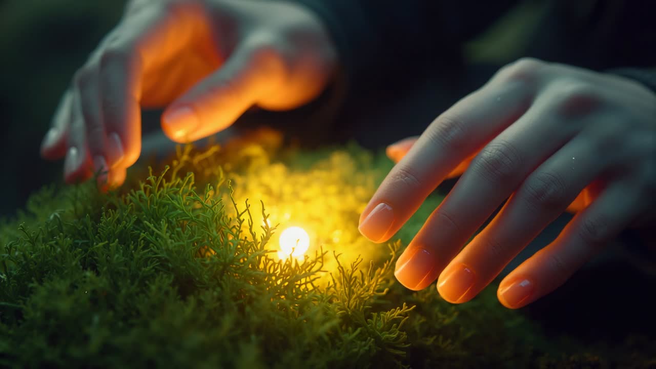 Responding to warm light, hands dark-sleeved lowering, cupping warm orb in moss, coaxing mist