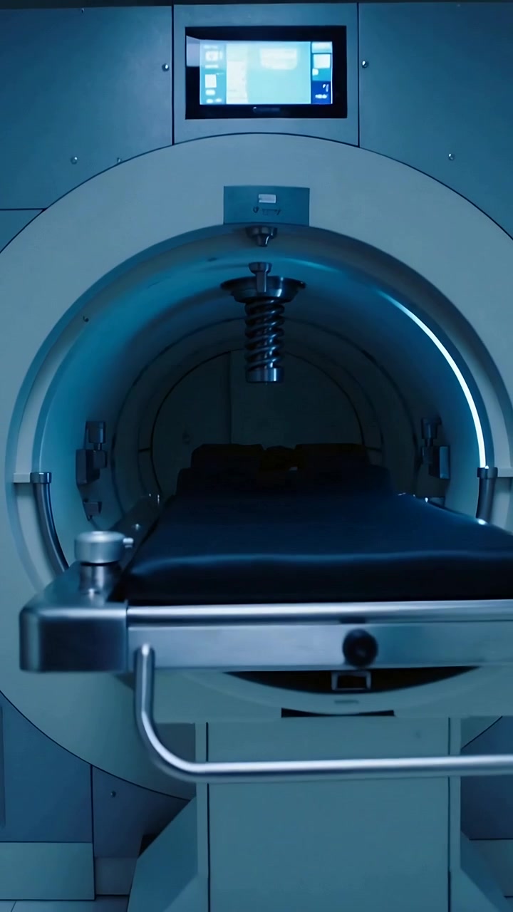 Video verticale: Scanner scorrevole che guida il lettino nell'apertura in clinica, tecnico che avvia la scansione mostrando la bobina
