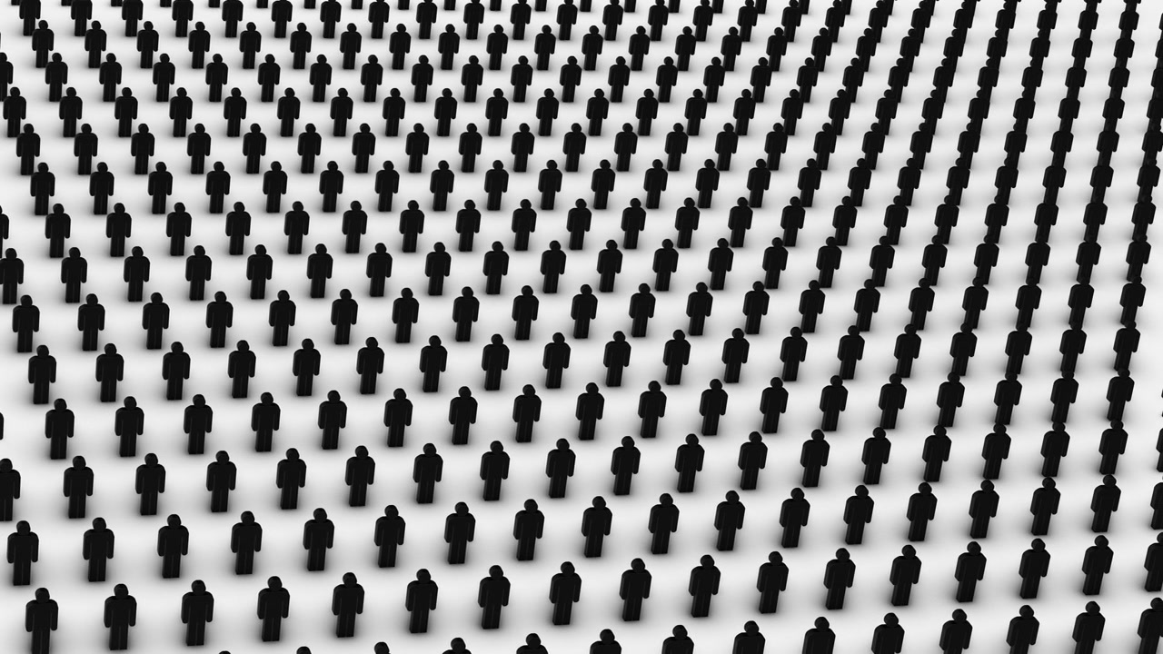 Thousands Black 3D Male Figures on White Floor with Shadow. Ideal for themes of big data, demographic studies, digital networking, human resources, market research.