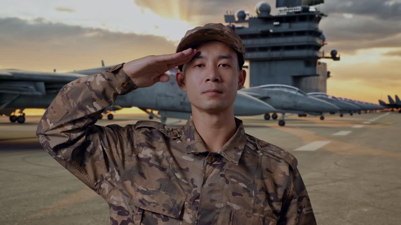 Soldier Saluting on Aircraft Carrier Deck