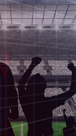 animation of graphs and data processing over cheering fans at sports stadium