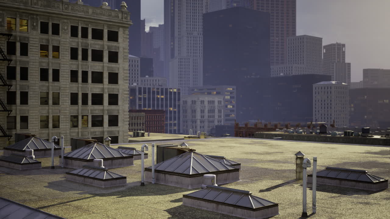 Rooftop view of city skyline showcasing urban architecture at dusk