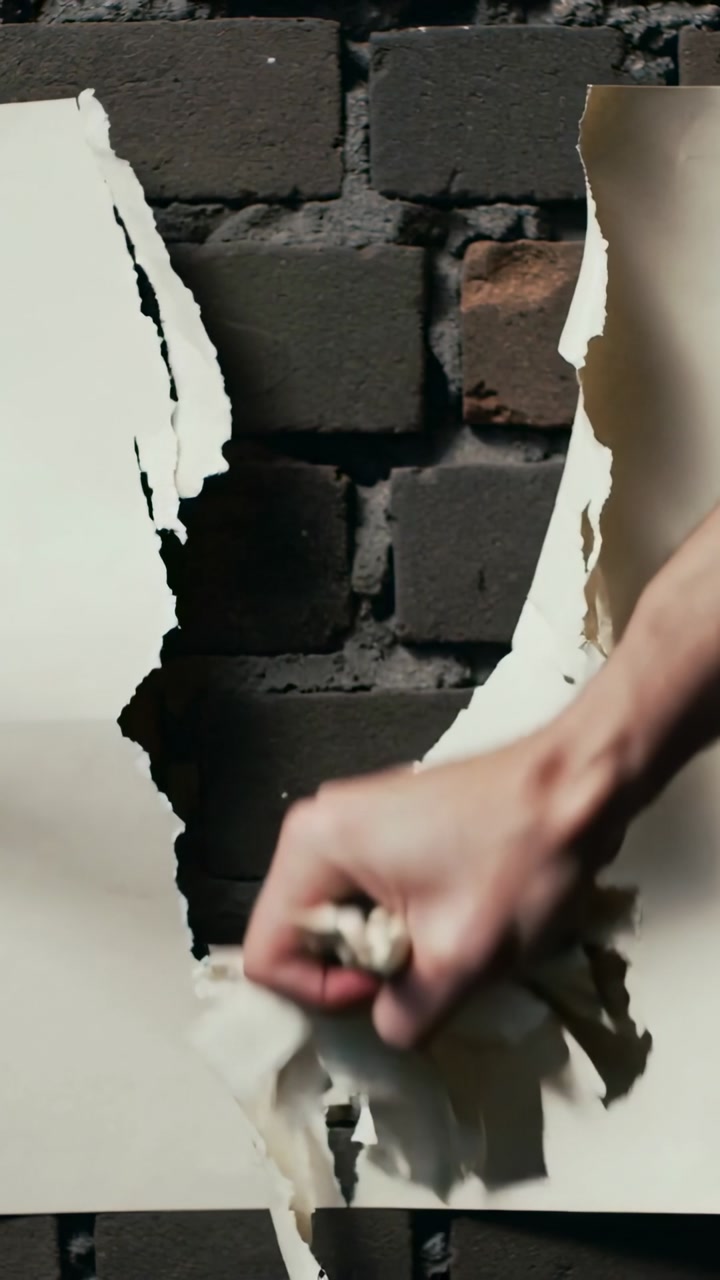 Close-up of Hand Tearing Paper Off a Brick Wall