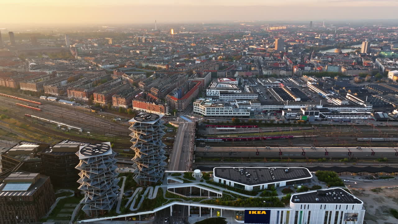 Aerial drone view of Vesterbro district in Copenhagen, Denmark on a cloudy day
