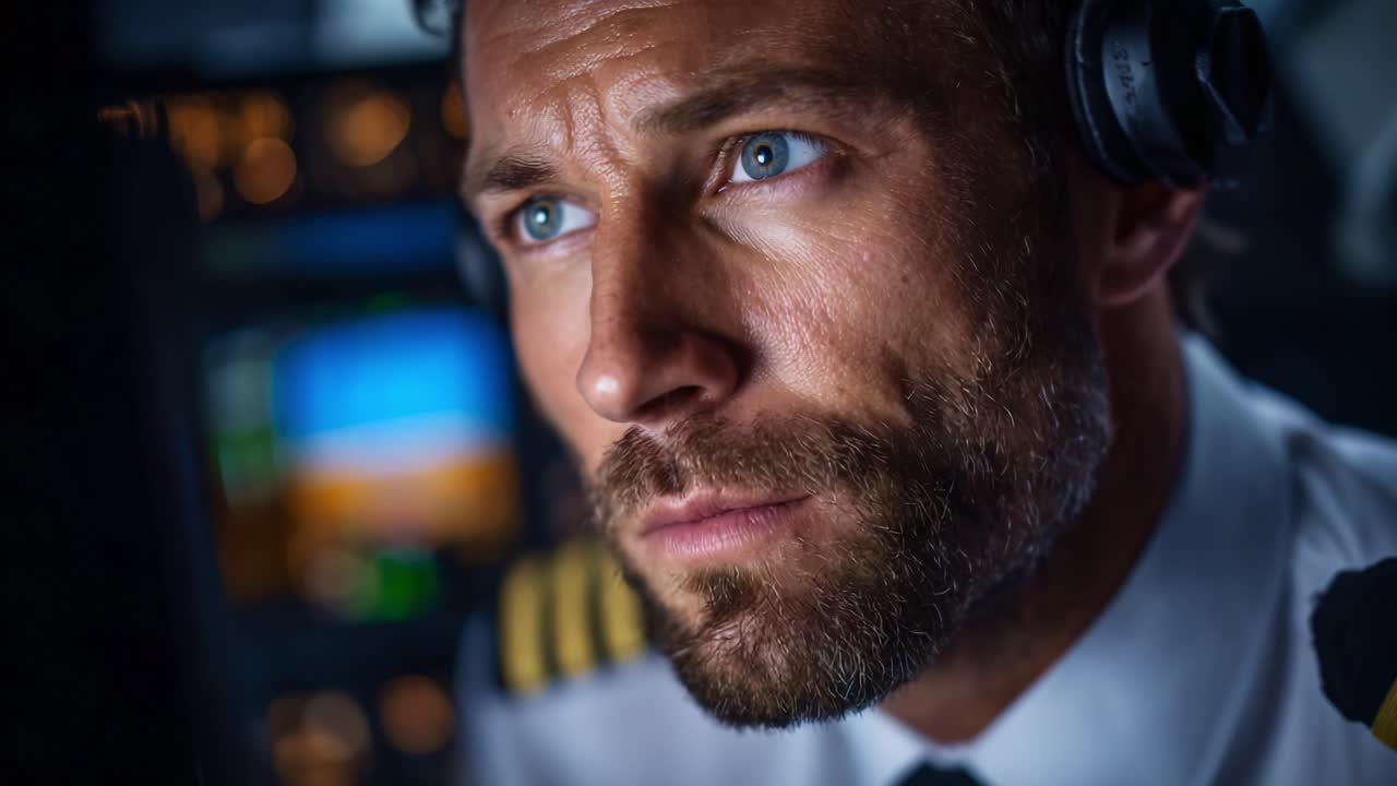 Focused Pilot in Cockpit Analyzing Instrument Panels During a Critical Flight Situation, Capturing the Intensity and Responsibility of Aviation Leadership