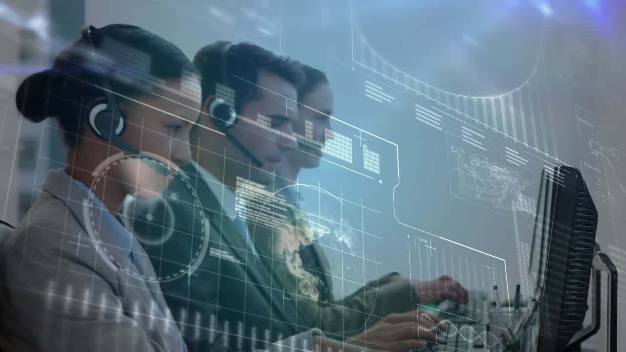 animación del procesamiento de datos financieros sobre personas de negocios que trabajan en la oficina