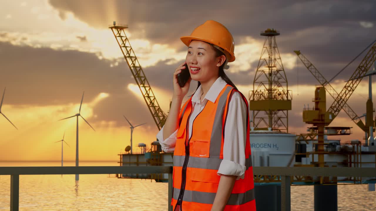 Female Engineer on Oil Rig and Wind Farm, Sunset View