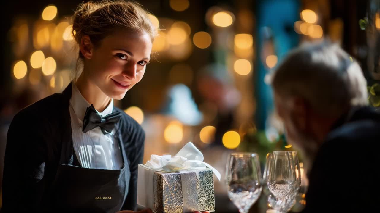 Eine charmante Restaurantszene, in der eine lächelnde Kellnerin einem glücklichen Kunden ein wunderschön verpacktes Geschenk überreicht, umgeben von einem gemütlichen Ambiente mit warmem Licht und eleganter Einrichtung