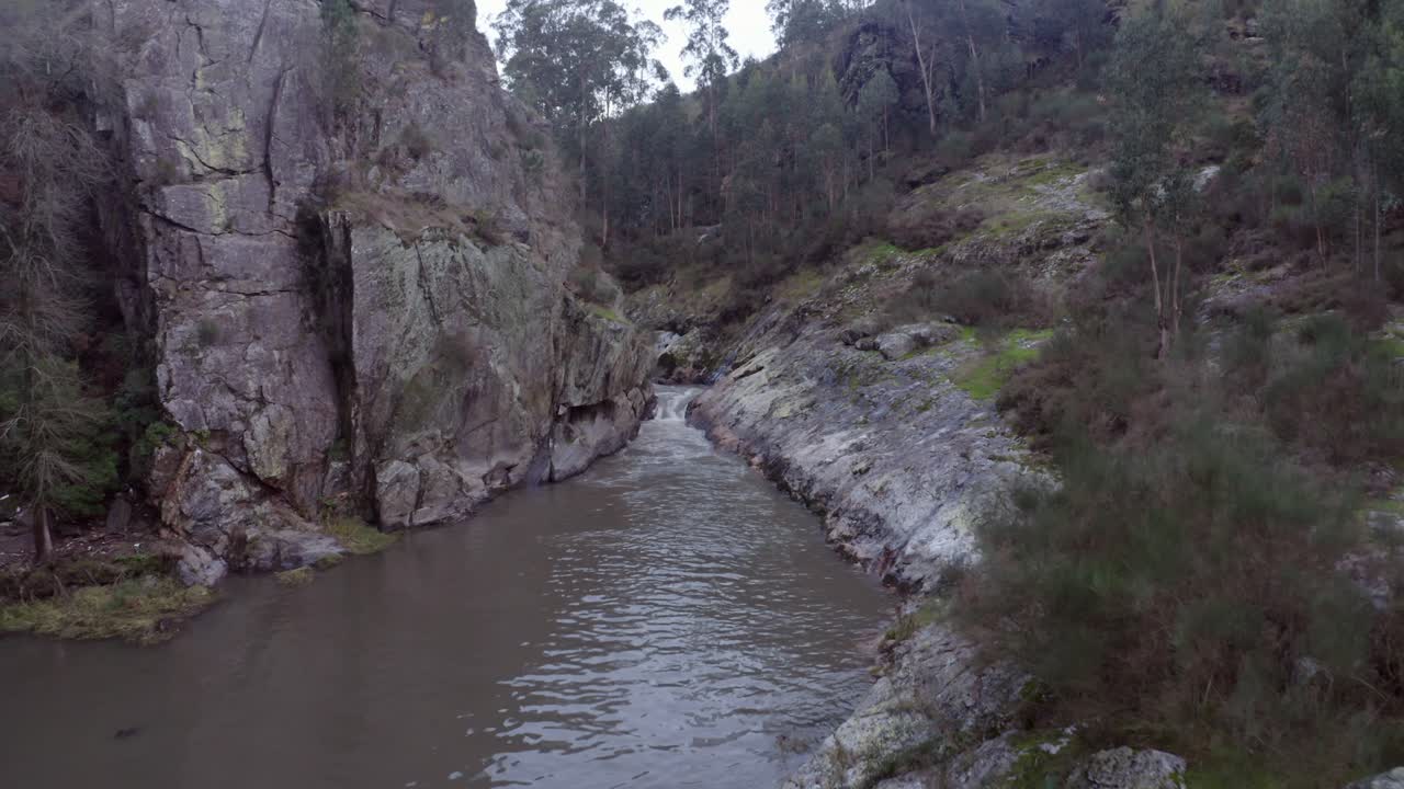 río de montaña - agua que fluye en el río con acantilados escarpados y rocas en lo profundo del bosque de porto, portugal