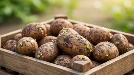 A Fresh Harvest of Sprouting Potatoes in a Rustic Wooden Crate, Showcasing Their Earthy Texture and Green Shoots in a Natural Outdoor Setting