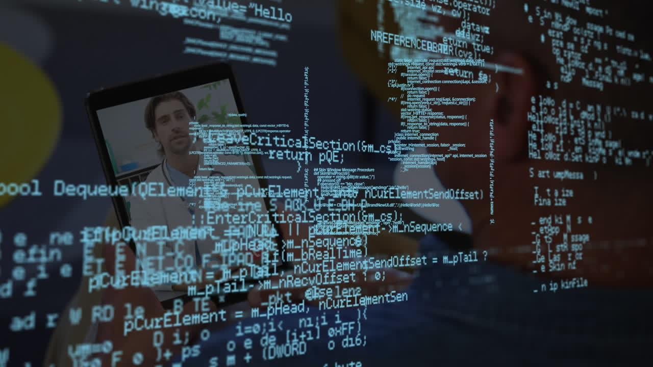 animazione dell'elaborazione dei dati su uomo su tablet consultazione medica videochiamata