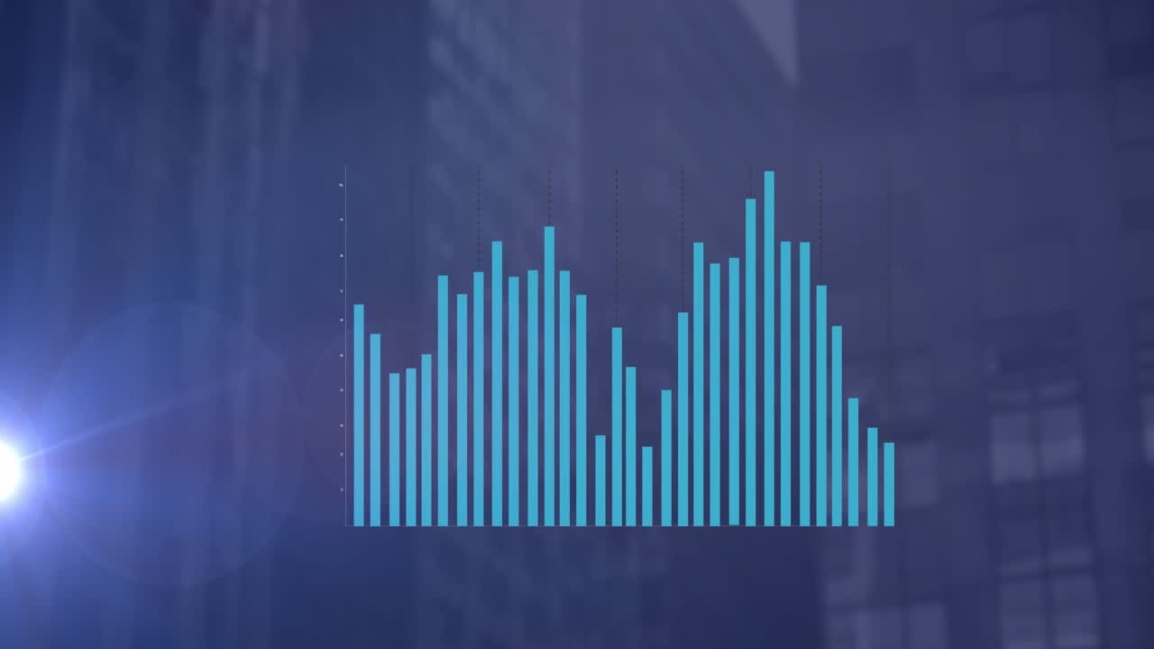Animazione di un punto luce ed elaborazione di dati statistici su sfondo di grattacieli.