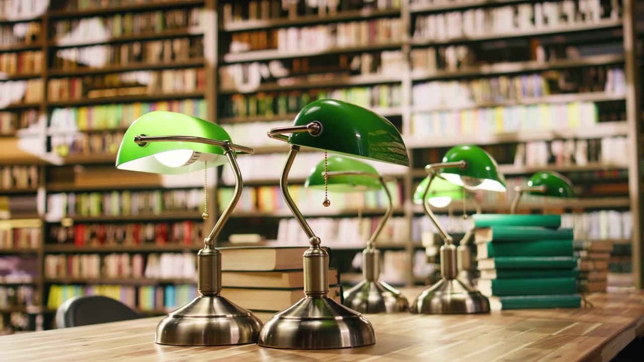 Empty library study table with green lamps and stacked books near bookshelves