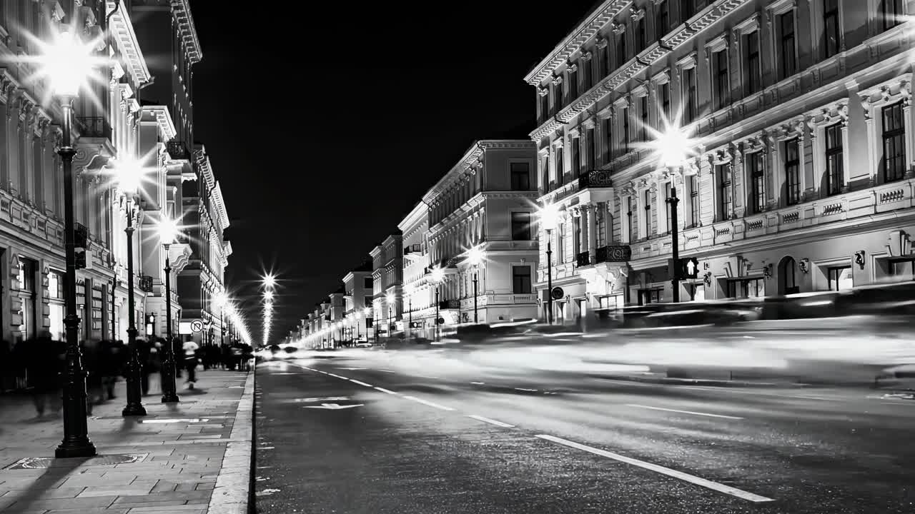 Black and white city street at night with blurred car lights, historic buildings, and street lamps