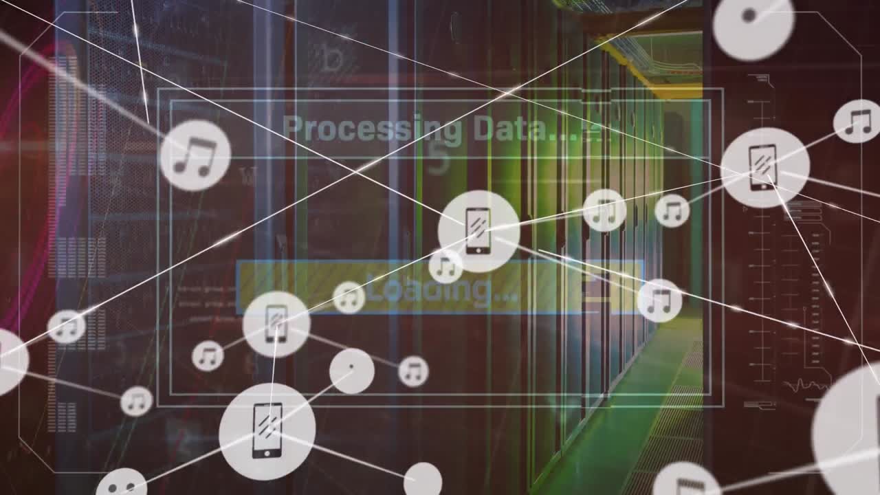 animación de iconos conectados, pantalla de carga, múltiples textos y patrón abstracto en la sala del servidor.