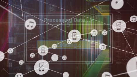 Animation-of-connected-icons,-loading-screen,-multiple-texts-and-abstract-pattern-over-server-room