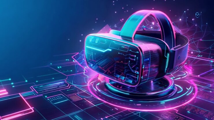Visore per realtà virtuale futuristico in un'ambientazione cyberpunk al neon