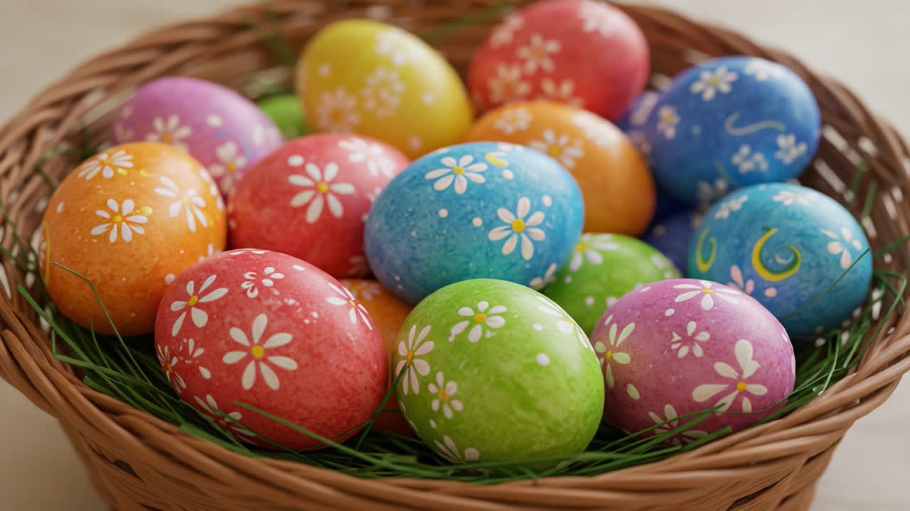 A Vibrant Collection of Decorative Easter Eggs Nestled in a Woven Basket with Green Grass, Showcasing Bright Colors and Floral Patterns for Celebrating Spring Festivities