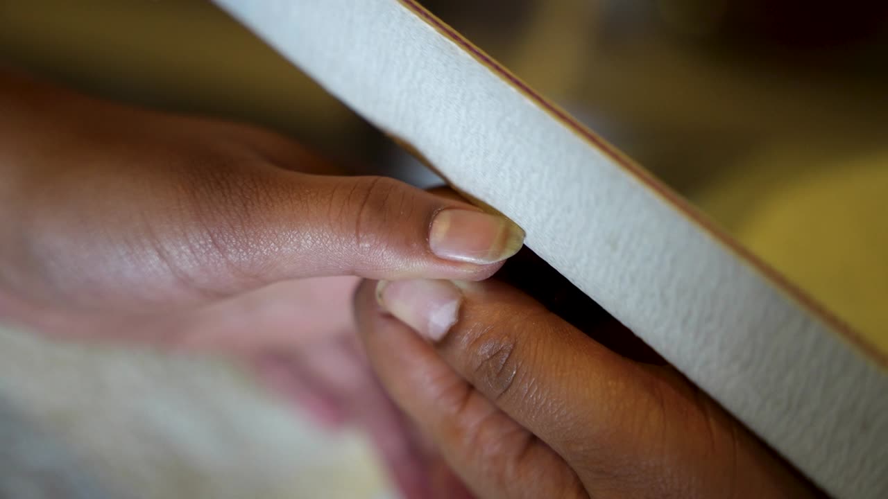 A manicurist carefully files a client's nails by hand during a detailed nail care session