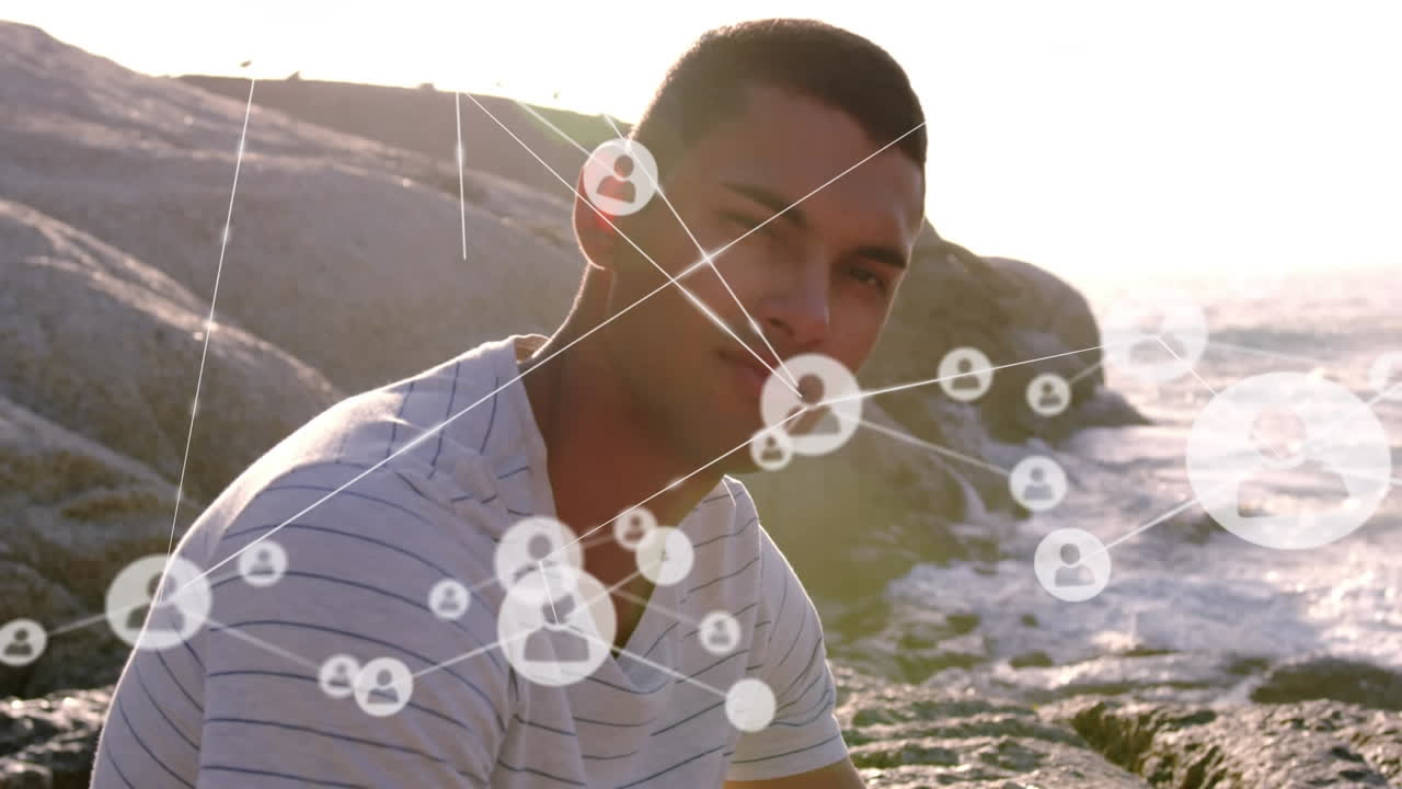 animación de la red de conexiones sobre el hombre en la playa